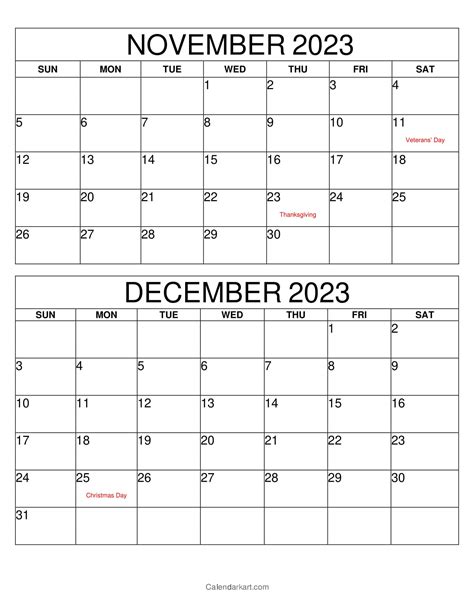 november december 2023 calendar with holidays